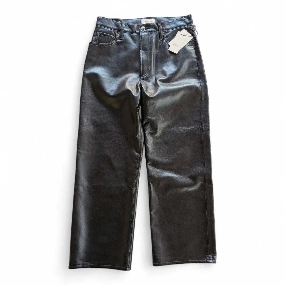 AGOLDE Cropped Wide Leg Leather Ren Pants Black Sz 28 NWT